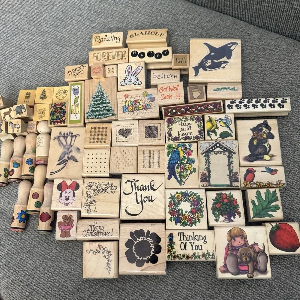 60+ Large Lot Vintage Rubber Wooden Stamps Seasons Words DOTS Sky Kids & More